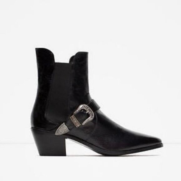 Zara Basic Black Leather Buckled Western Ankle Boots Women’s Size 9 - Picture 3 of 11